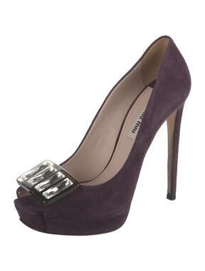 Miu Miu Plum Suede Crystal Jeweled Peep Toe Platform Pumps Heels EU 37